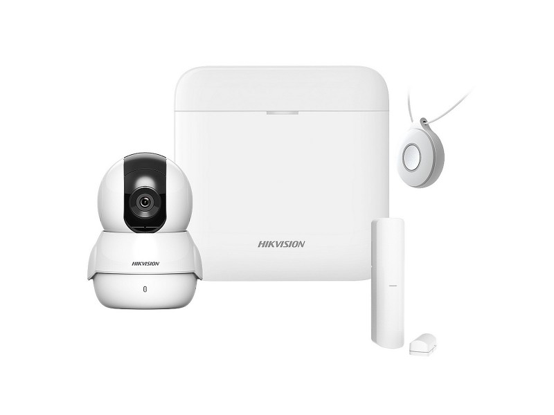 Incluye consola 64 Hikvision AX-Pro, botón de pánico para colgar, sensor para puertas y ventanas y cámara IP Wi-Fi