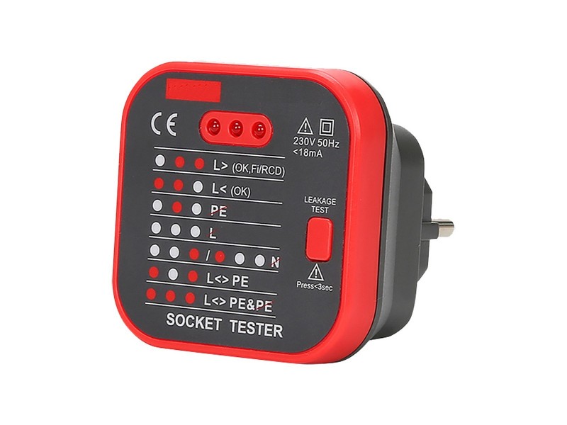 Tester para verificar los errores de cableado de una toma eléctrica de hasta 230V y 18 mA