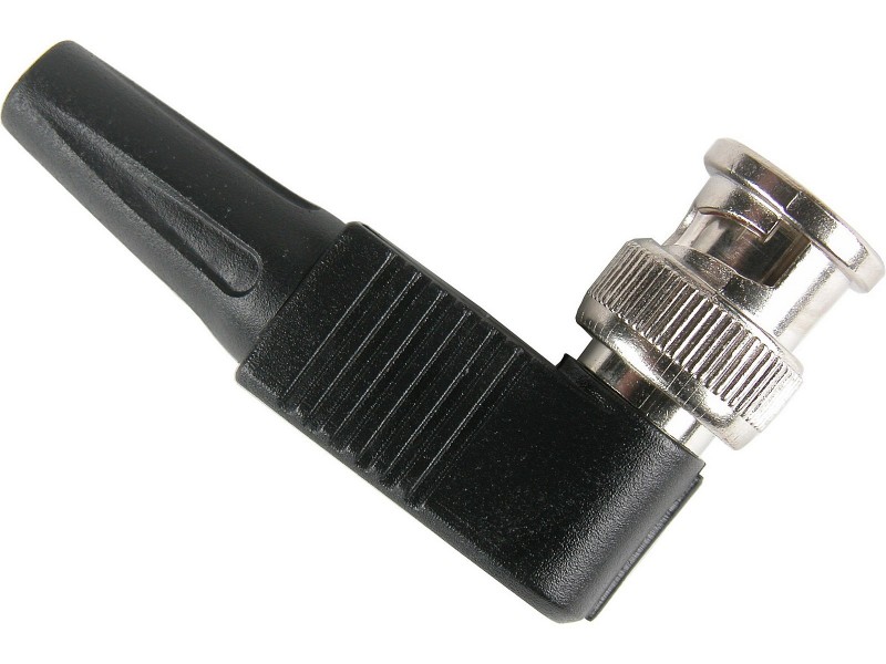Conector BNC de vídeo para conexión sin soldadura, su salida de cable de 90 grados resulta útil cuando el espacio es limitado.