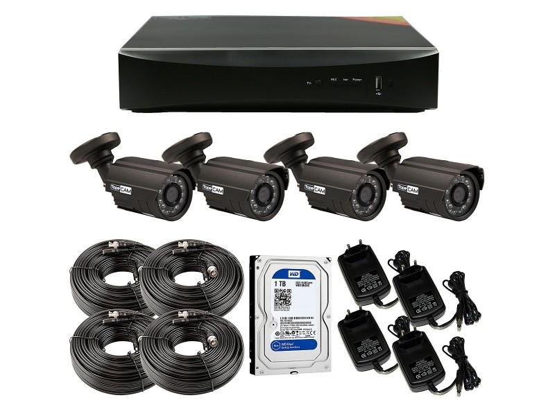 Incluye todo lo necesario para instalar un sistema de videovigilancia de 4 cámaras bullet de exterior Full HD