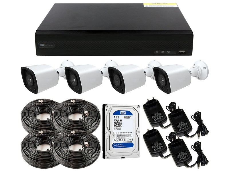 Las cámaras incluidas son tipo bullet para instalación en pared exterior + grabador compatible, cableado y alimentadores