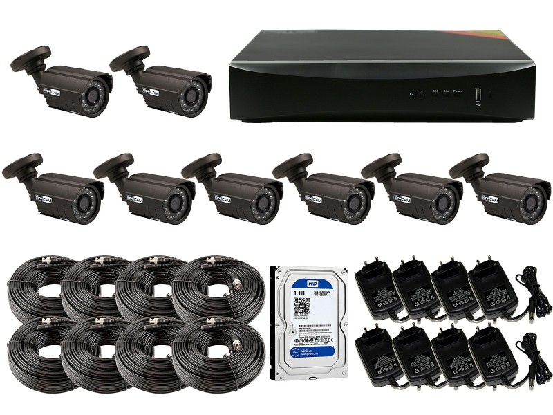 Kit de 8 cámaras bullet para exterior Full HD con grabador con disco duro compatible, cableado y transformadores