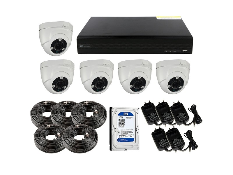 El grabador admite hasta 8 cámaras 4K + 8 IP y el kit incluye 5 cámaras domo con lente varifocal 5 Mpx