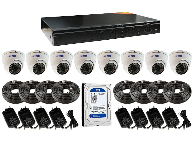 Kit todo incluido con 8 cámaras tipo domo + cables + alimentadores y grabador Full HD de 16 canales para ampliar la instalación