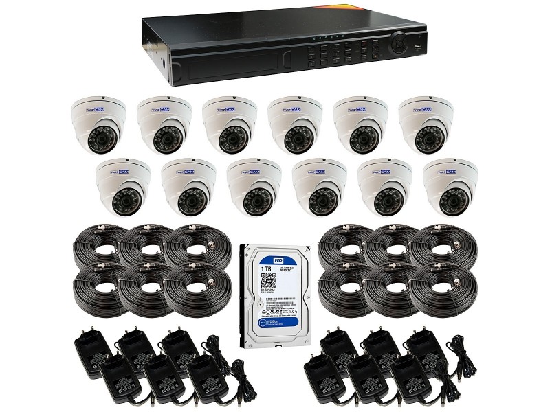 El grabador permite conectar hasta 16 cámaras Full HD. El kit incluye 12 cámaras domo + rollos de cable y alimentadores