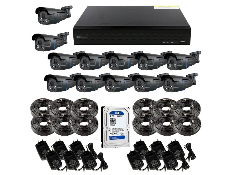 Kit con grabador y 16 cámaras tipo bullet calidad 5 MP con lente varifocal y 60m de IR + accesorios de instalación
