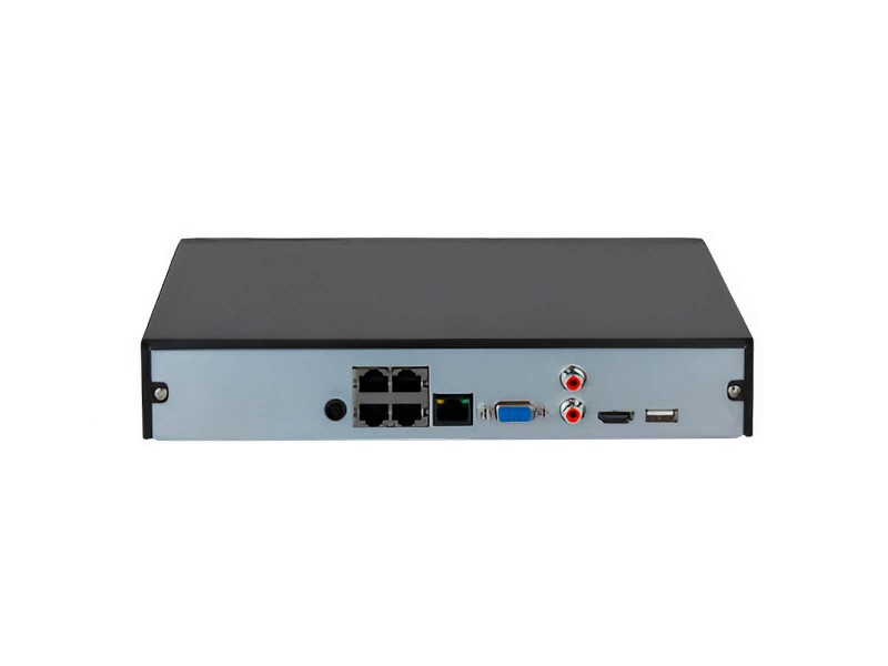 Parte trasera del grabador digital Dahua S132535 con puertos de conexión RJ45 PoE, Ethernet, VGA, HDMI y puertos de audio.