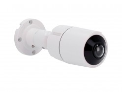 Cámara de seguridad en diseño compacto con carcasa blanca y lente gran angular, ideal para vigilancia en interiores y exteriores