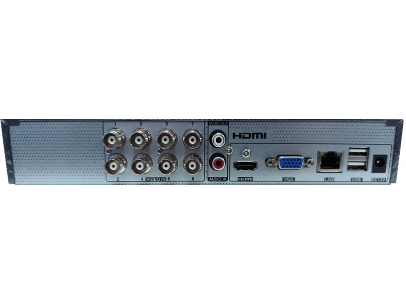 Parte trasera del TVT TD-2008NS-HL-L (S132272): 8 entradas BNC, audio in/out, HDMI, VGA, LAN, USB y alimentación 12V