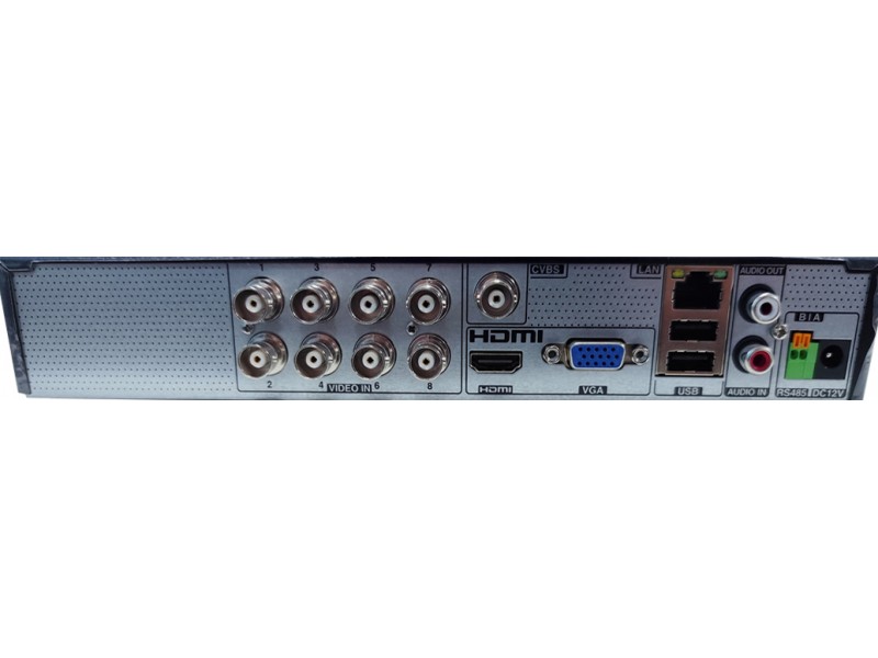 Parte trasera del TVT TD-2108NS-HP-H: 8 entradas BNC, CVBS, HDMI, VGA, LAN, USB, audio in/out, RS485 y alimentación 12V