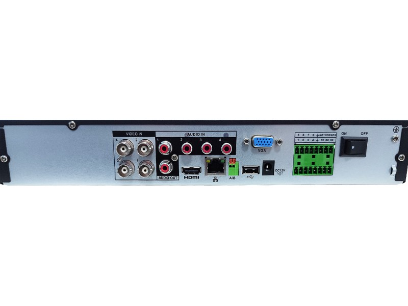 DH-XVR5104HE-4KL-I3 detalle de las conexiones traseras del grabador DAHUA 4 canales