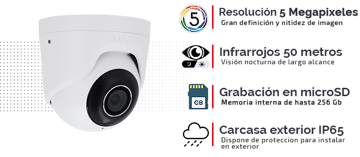 Caracteristicas de la cámara de vigilancia IP ajax turret 5 mp AJ-TURRETCAM-5-W