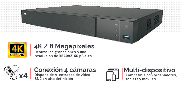 Grabador ULTRA HD 4K para 4 cámaras con disco duro y compatible móviles.