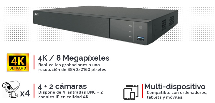Grabador Ultra HD 4K 8 Megapíxeles Pro para 4 cámaras BNC + 2 IP.