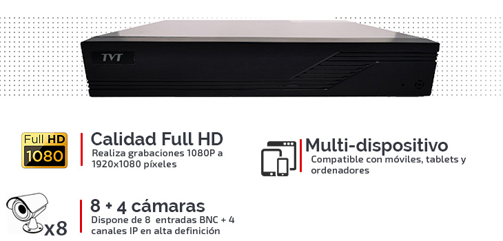 Grabador Full HD 1080P para 8 cámaras + 4 IP con disco duro y app móvil