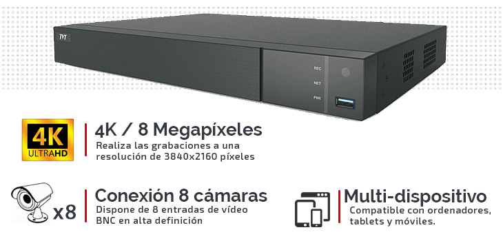 Grabador Ultra HD 4K para 8 cámaras BNC + 8 cámaras IP con disco duro y acceso desde móviles