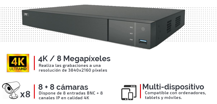 Grabador Ultra HD 4K para 8 cámaras de videovigilancia con 8 canales IP