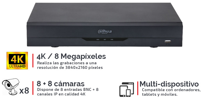 Grabador 8 Megapíxeles 4K con 8 canales de vídeo + 8 canales IP