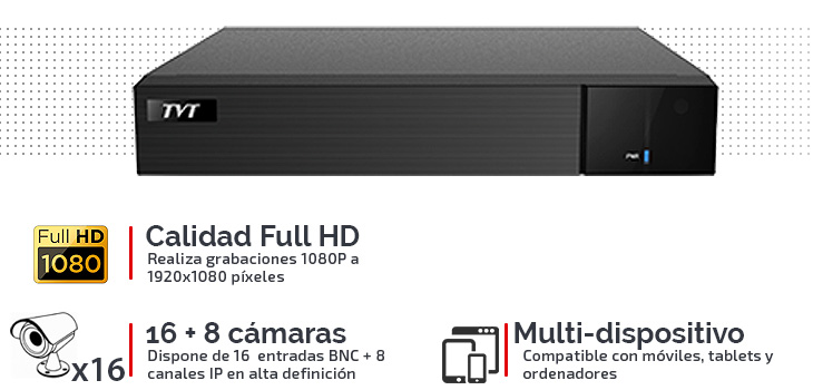 Grabador Full HD 1080P para 16 cámaras con disco duro de 1 Tb y aplicación móvil gratuita.