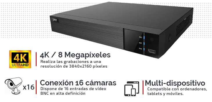 Grabador ULTRA HD 4K para 16 cámaras + 8 cámaras IP con conexión a Internet.