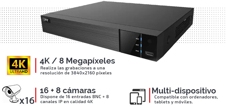 Grabador para 16 cámaras con la mejor calidad Ultra HD 4K con entradas y salidas de alarma.