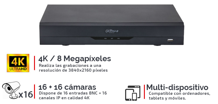 Grabador Ultra HD 4K con 16 canales BNC DAHUA