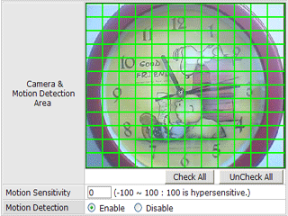 Cuadrícula de configuración del área de detección de movimiento, por reconcocimiento de píxeles, para la cámara IP antivandálica de alta resolución FW1176DS.