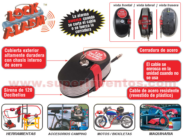 Práctico antirrobo "Lock Alarm" para protección de herramientas, accesorios de camping, motos, biciletas, maquinaria, etc.... Clic para ampliar.