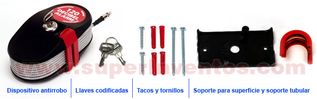 Candado antirrobo, llaves codificadas, tacos y tornillos de sujeción y soportes de superficie y tubular