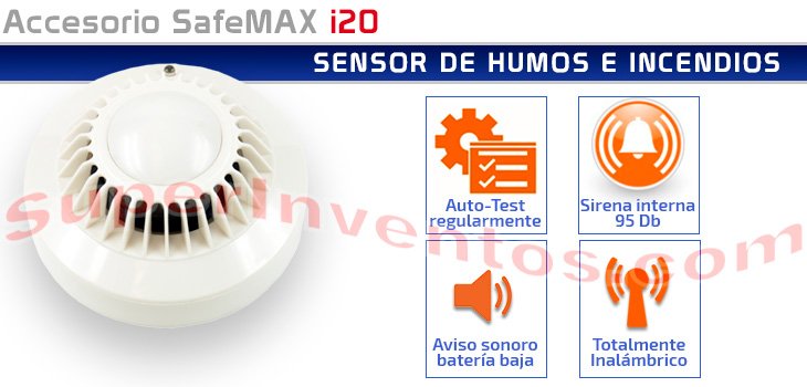 Detector de humos e incendios inalámbrico para alarmas SafeMAX i20.