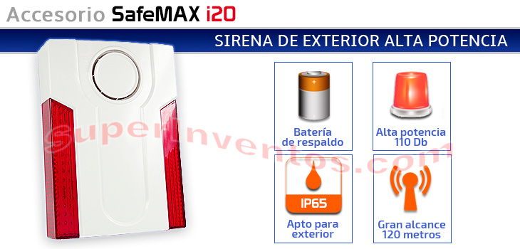 Sirena de exterior alta potencia para alarmas IP SafeMAX i20.