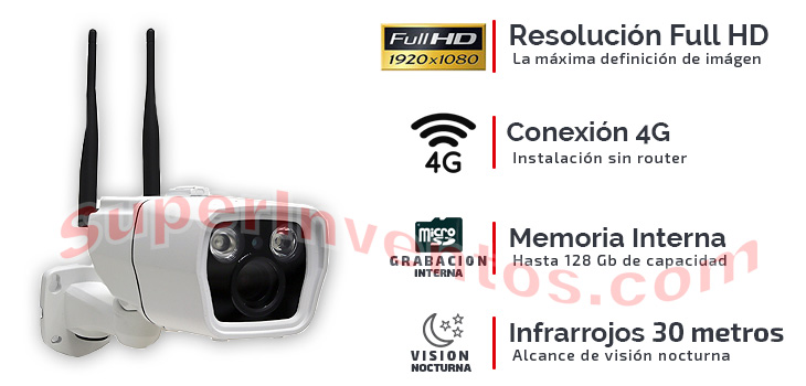 Cámara 4G calidad Full HD con grabación en tarjeta interna, visión nocturna, carcasa de exterior y accesible desde el móvil