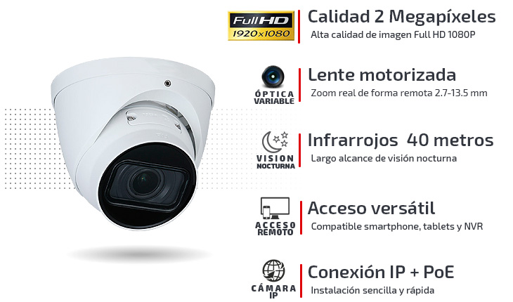 cámara IP domo con infrarrojos inteligentes de 40 metros de alcance y zoom motorizado