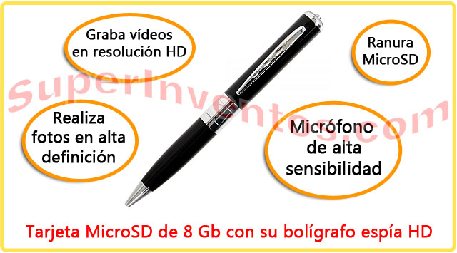 Características principales del bolígrafo espía HD y tarjeta MicroSD gratis.