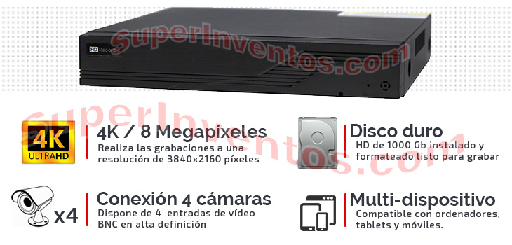 Grabador 5 Megapíxeles para 4 cámaras con disco duro y conexión a Internet.
