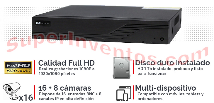 Grabador Full HD 1080P para 16 cámaras con disco duro de 1 Tb y aplicación móvil gratuita.