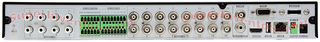 Conexiones del grabador Ultra HD 4K con entradas y salidas de alarma TVT. 