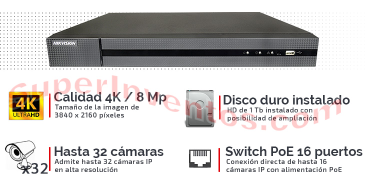Grabador IP calidad 4K con 32 canales de vídeo, switch PoE 16 puertos y disco duro incluido. 