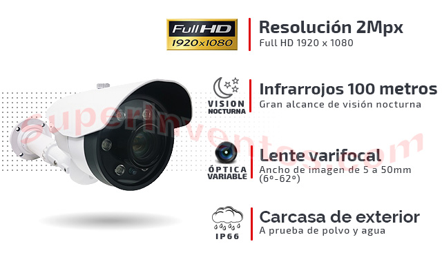 Cámara Full HD 1080P con lente varifocal 5-50 mm y carcasa exterior. 
