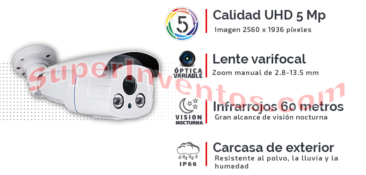 Cámara UHD 5 Mp con lente varifocal, infrarrojos 40 metros y carcasa IP66
