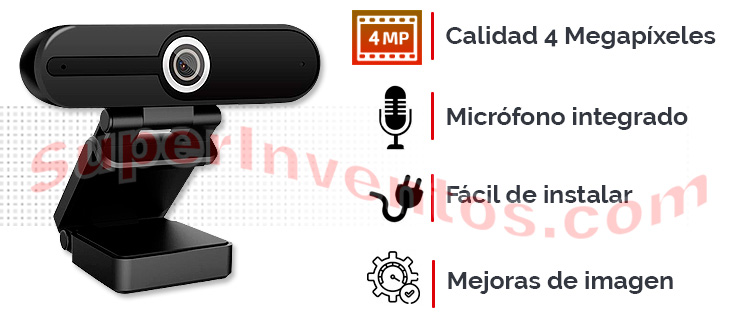Webcam calidad 4 Megapíxeles con micrófono integrado y fácil instalación.